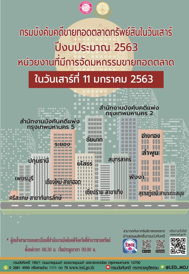 ﻿กรมบังคับคดีจัดการขายทอดตลาดทรัพย์สินทุกวันเสาร์ สำหรับเดือนมกราคม 2563